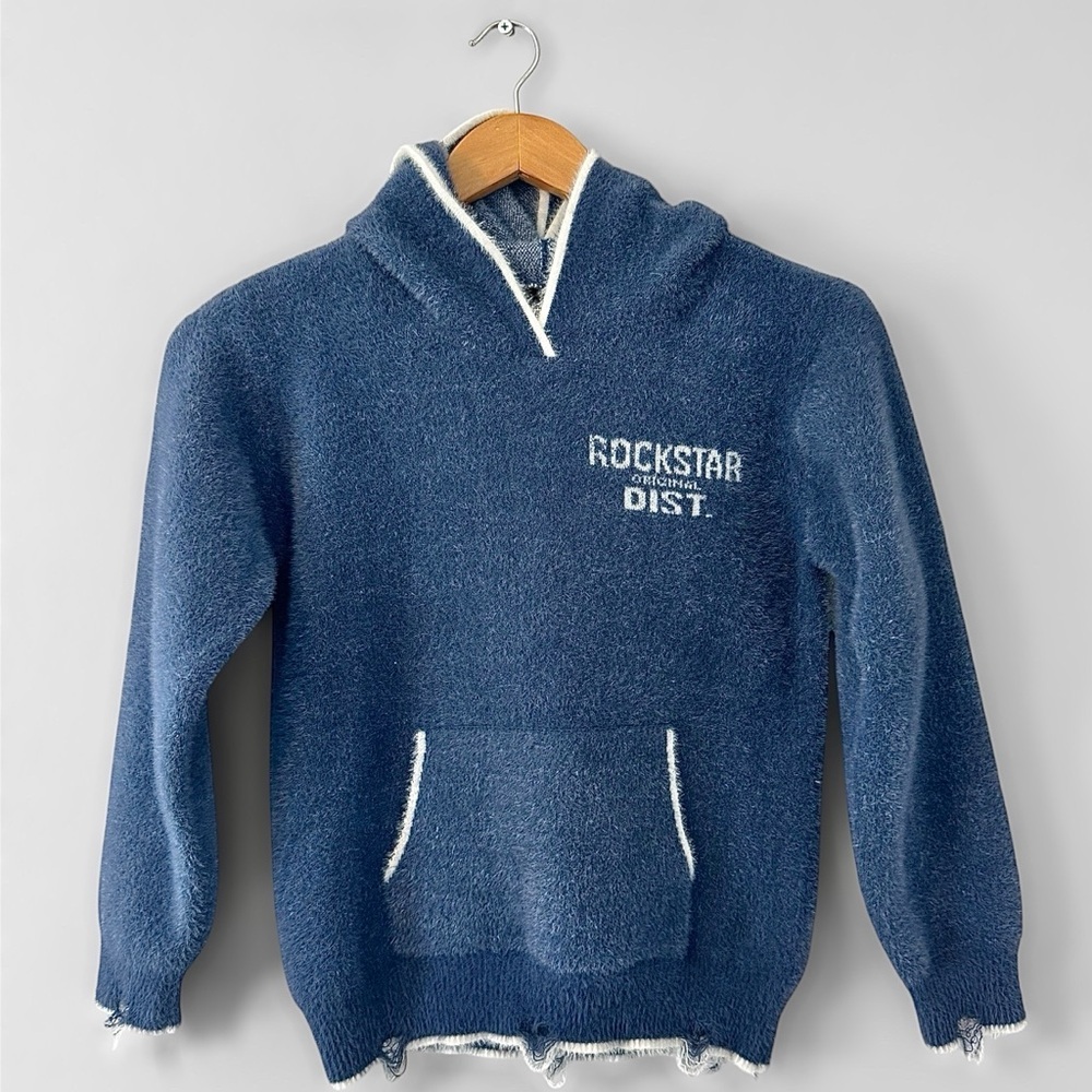 Rockstar Kids Blue Knit Hoodie Sweater Size 8 Lake Mohair Navy Knit Unisex